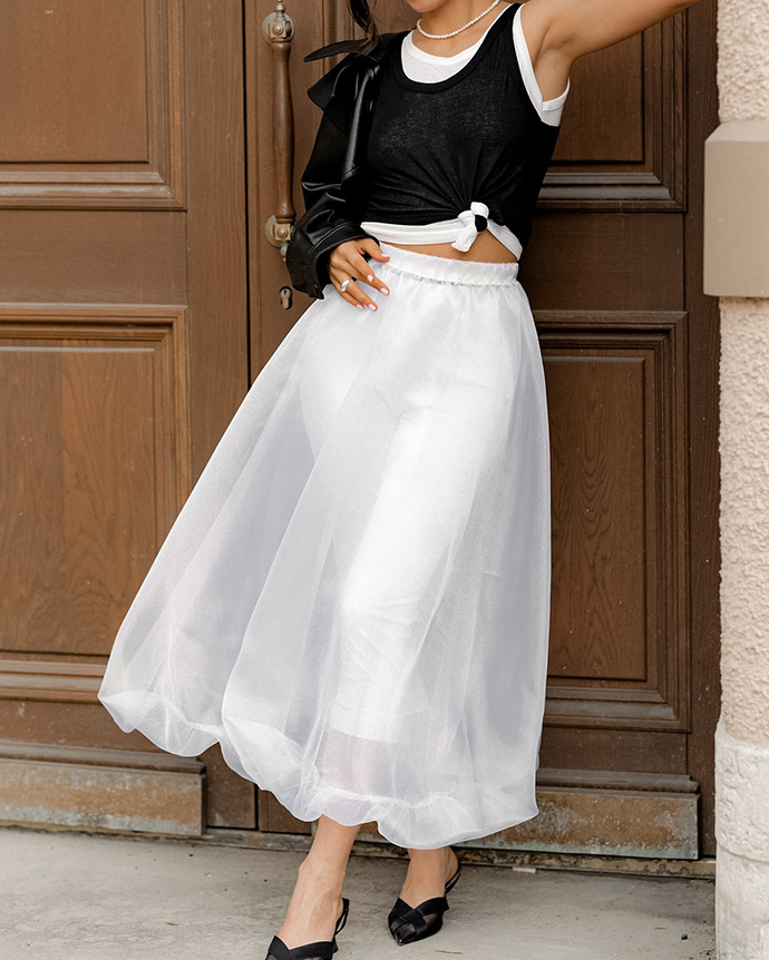 Sheer High Waist Solid Color A-Line Midi Skirt