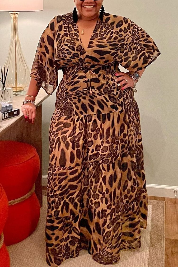 Plus Size Leopard Print V Neck Lace Up Maxi Dress