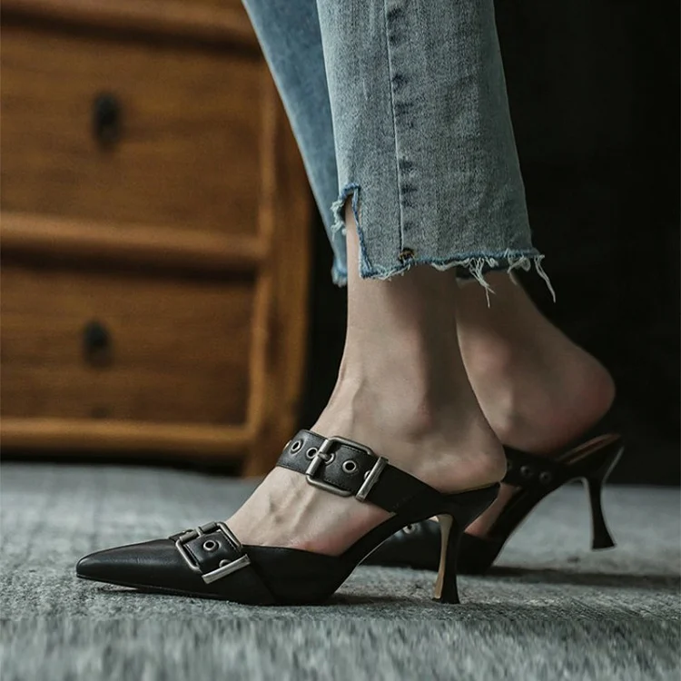 Pointed Kitten Heel Mule Women's Buckle Pump Shoes Vintage Heels |FSJ Shoes
