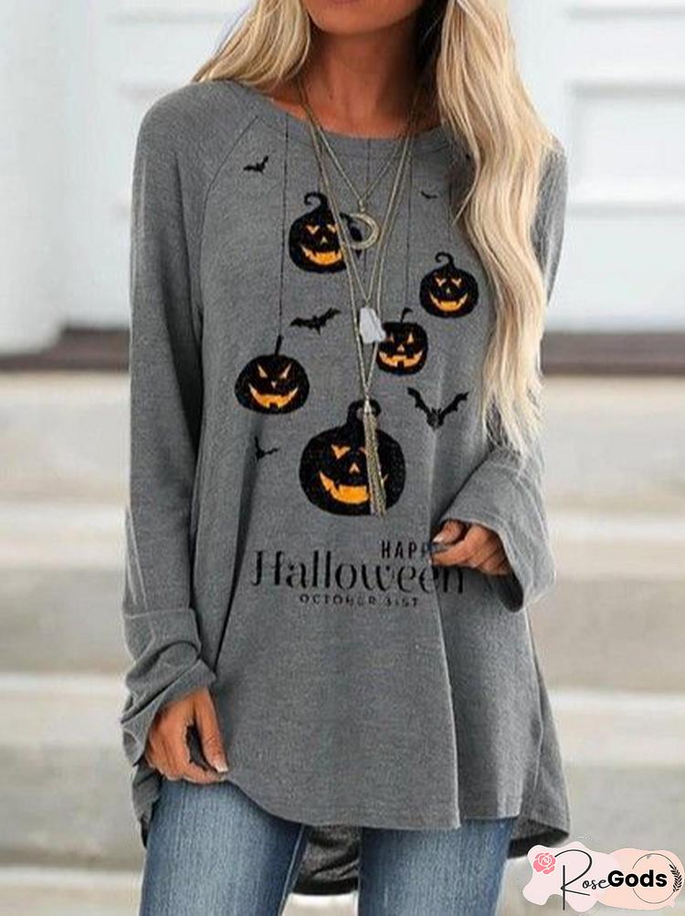 Women Casual Autumn Halloween Loose Halloween Crew Neck Regular H-Line Regular Size T-Shirt