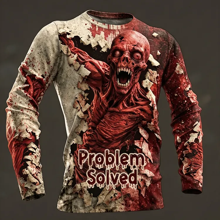 Men's Classic Zombie Breakthrough 3d Print T‑shirt, Problem Solved Horror Art Long Sleeves T-shirt