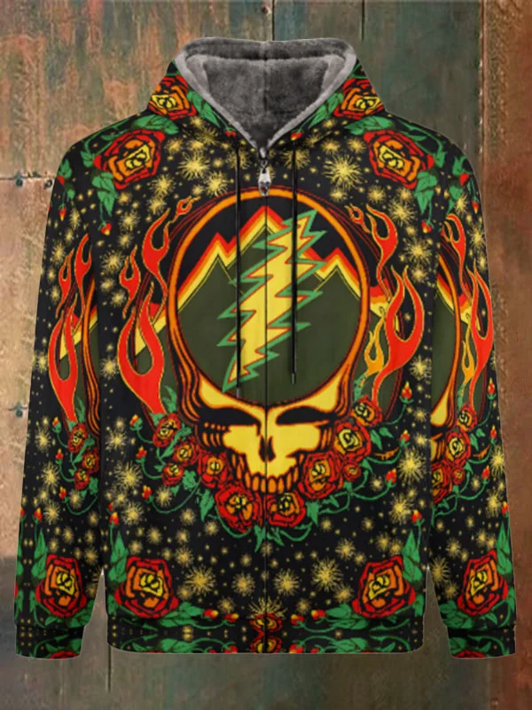 Unisex Skull Print Double Layer Fleece Zip-Up Hooded Jacket