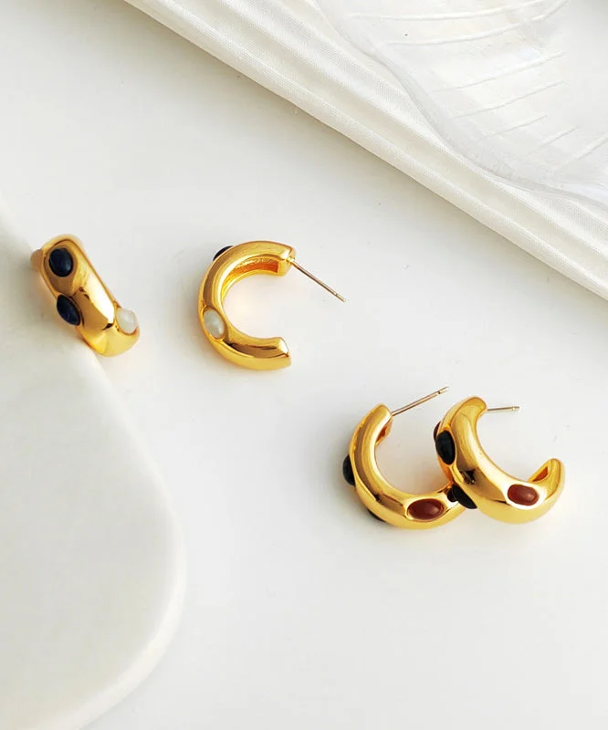 Classy White Copper Gold Plated C Graphic Resin Hoop Earrings