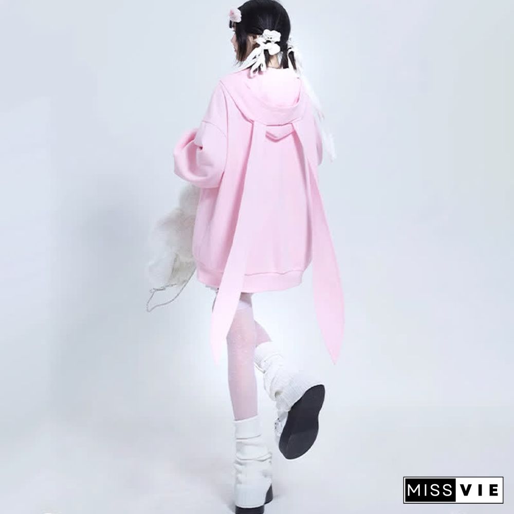 Long Bunny Ears Pocket Oversize Zipper Hooded Sweatshirt