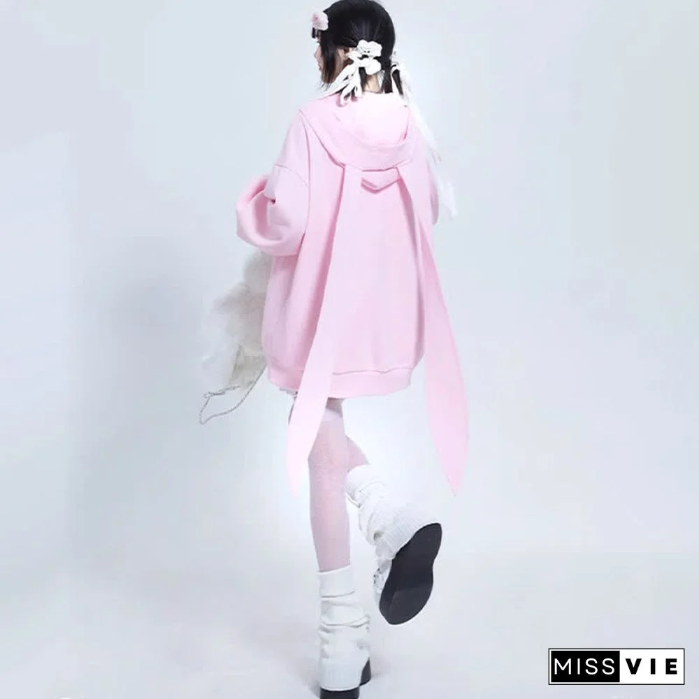Long Bunny Ears Pocket Oversize Zipper Hooded Sweatshirt
