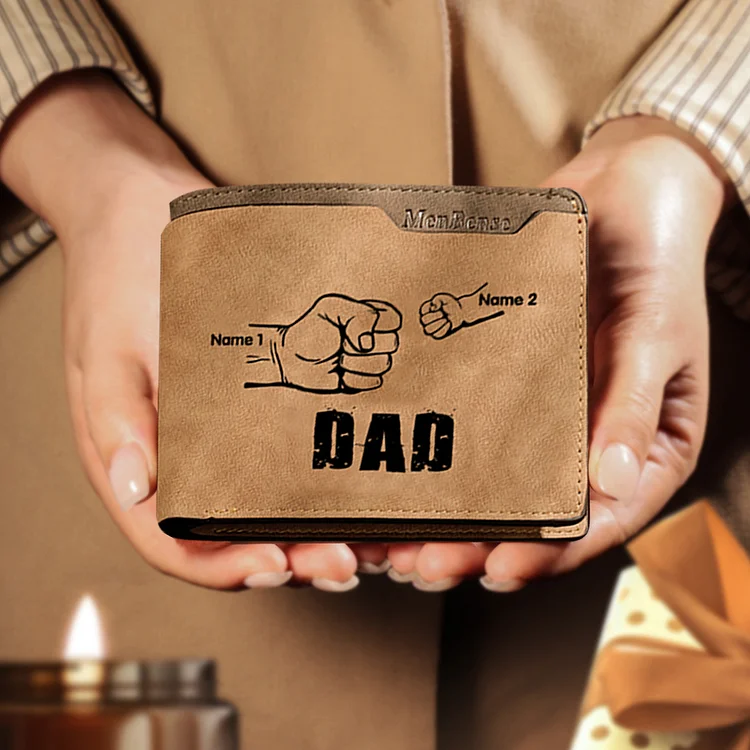 2 Names - Personalized Men Leather Wallet Custom Photo & Text & Name Folding Wallet Fist Bump Wallet Gift for Dad