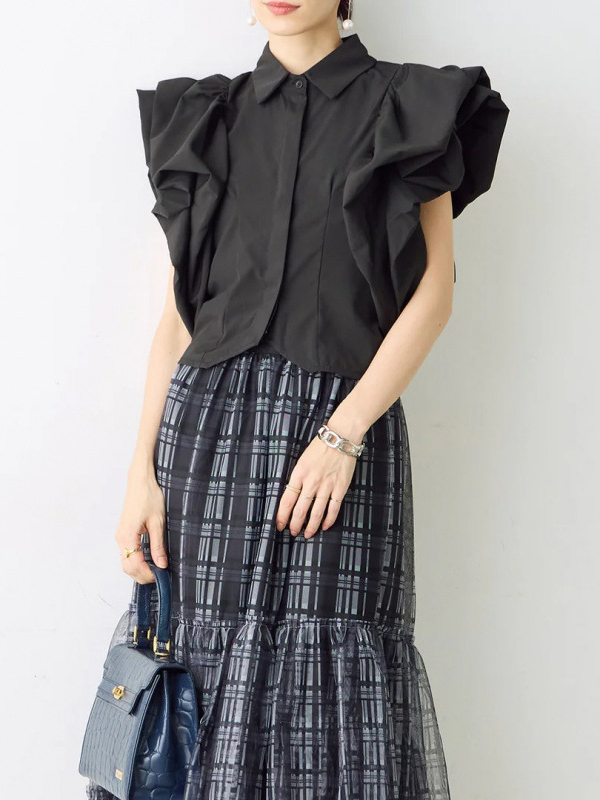 Puff Sleeve Button Up Lapel Solid Color Blouses