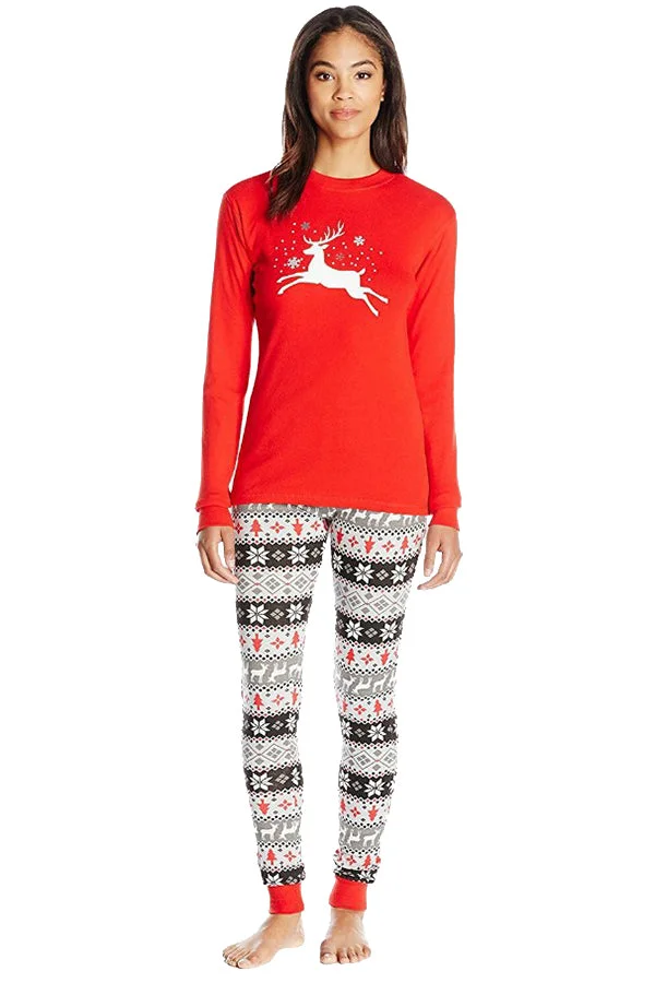 Womens Crew Neck Reindeer Snowflake Printed Christmas Pajama Set Red-elleschic
