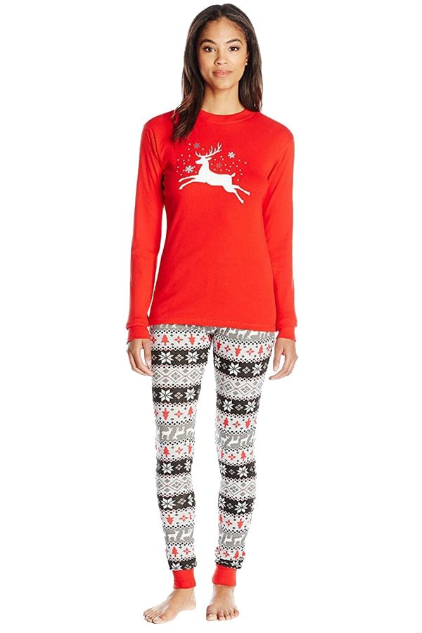 Womens Crew Neck Reindeer Snowflake Printed Christmas Pajama Set Red-elleschic