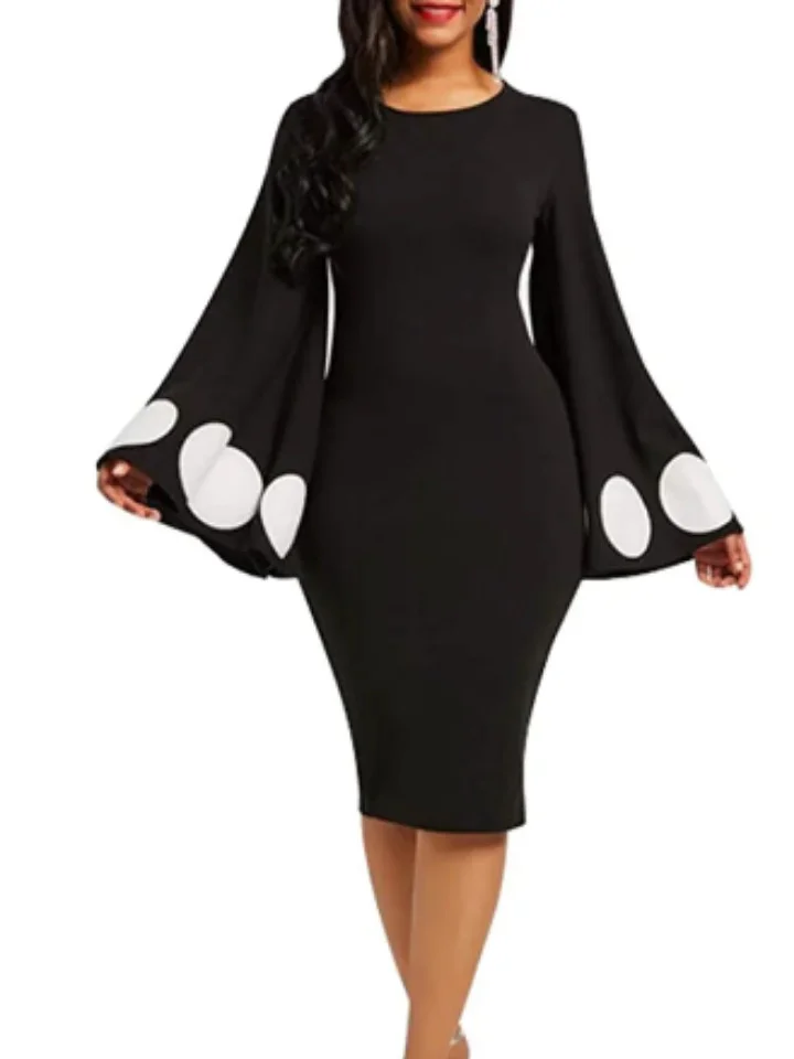 Spring and Summer Temperament Commuter New Round Neck Elegant Sexy Slim Flared Sleeve Polka Dot Dress Package Hip Skirt-Cosfine