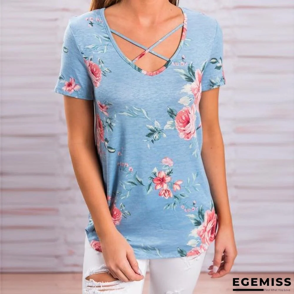 5XL Large Size Women Short Sleeve V-Neck Blouse Printed Shirt Plus Size Tops | EGEMISS