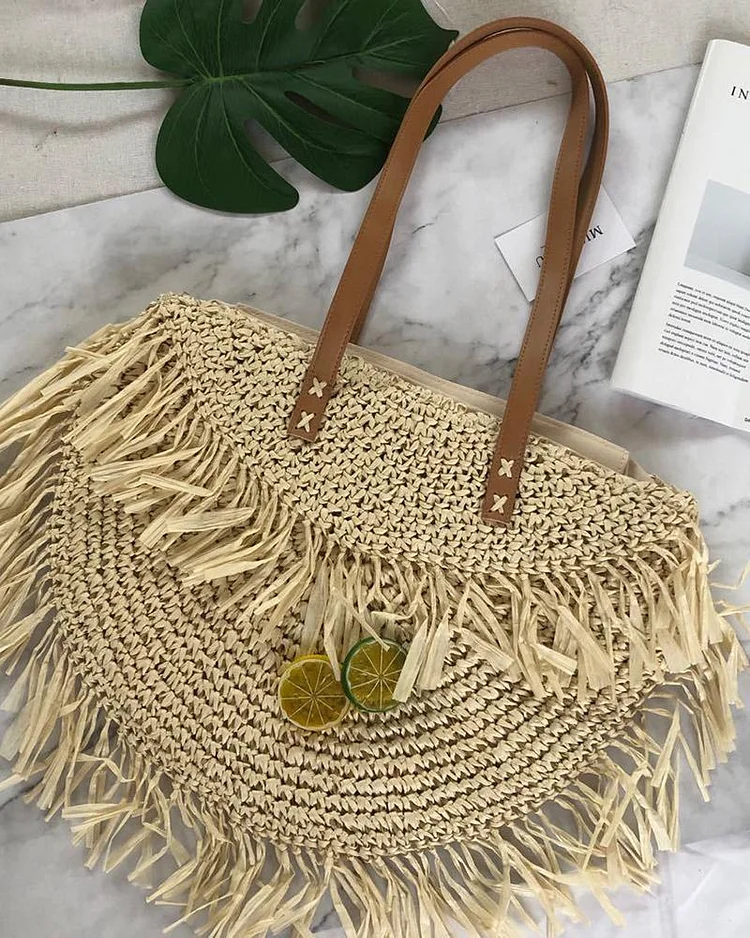 Beach Vacation Fringed Straw Woven Shoulder Bag