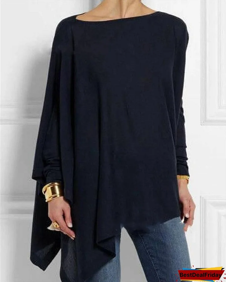 Solid Long Sleeve Crew Neck Casual Irregular Blouses Tops
