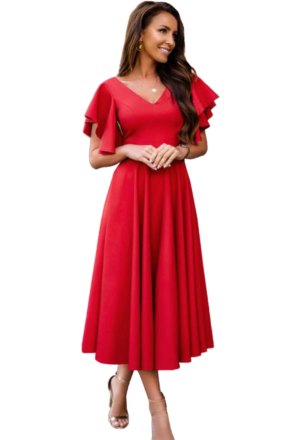 Women Red V Neck Ruffled Sleeves Flare Long Dress