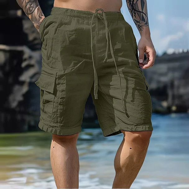  Men's Casual White Cargo Shorts with Adjustable Drawstring for Summer Beachwear