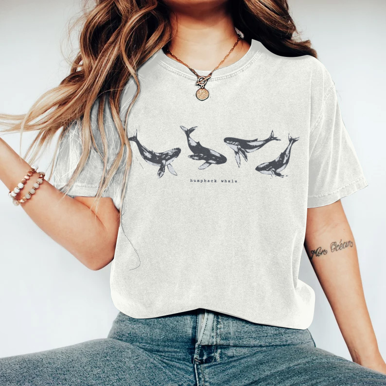 Whale Print Crew Neck Short Sleeve Casual T-Shirt wearshes