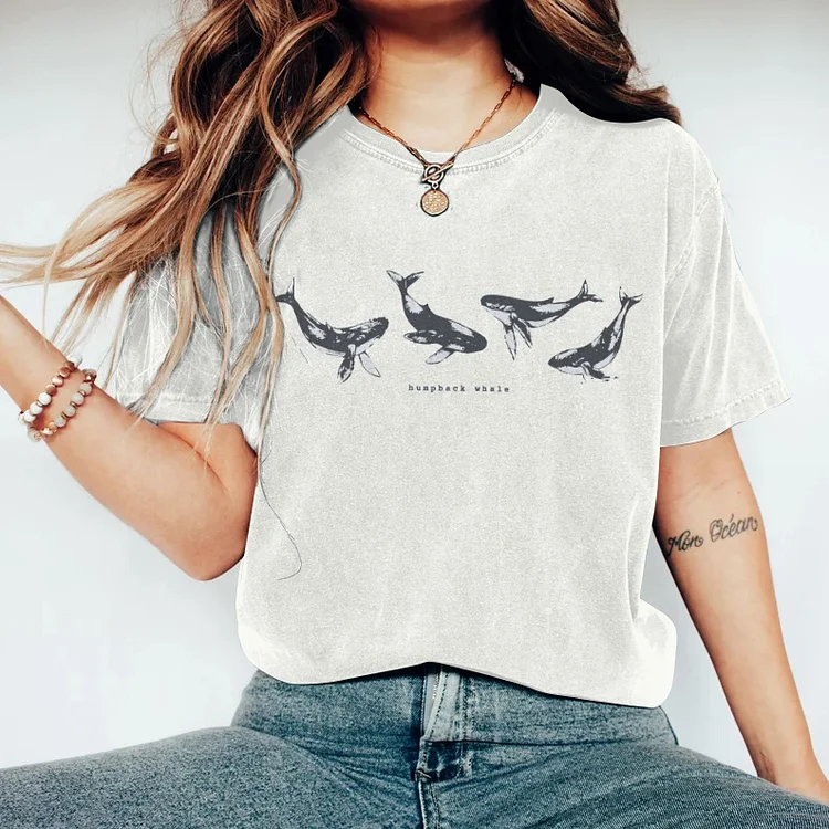 Whale Print Crew Neck Short Sleeve Casual T-Shirt