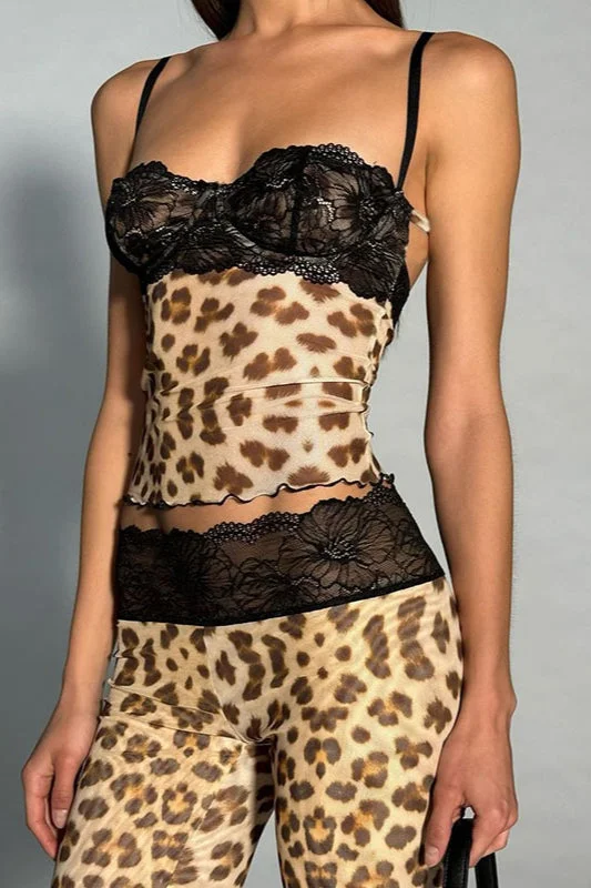 Leopard Print Lace Cami Crop Low Waist Pants Two Piece Set