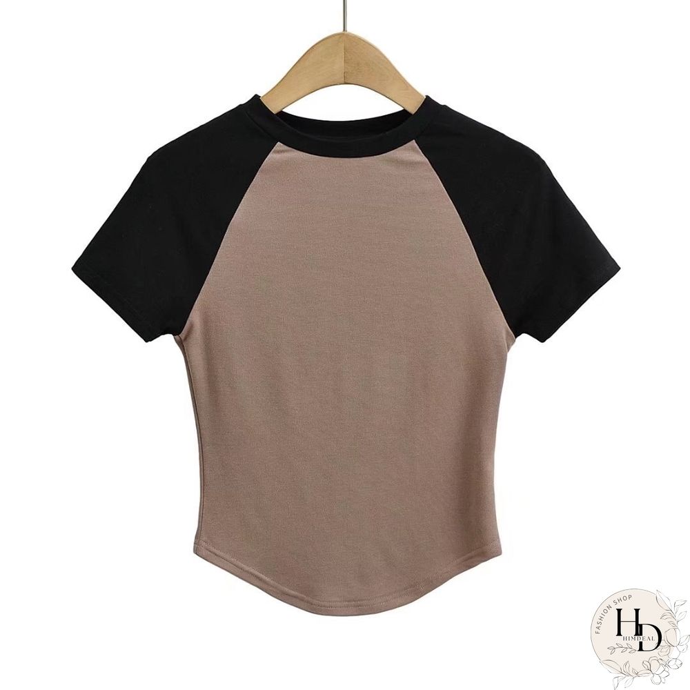 Curved Hem Contrast Color Sleeve Stitching Bottoming T Shirt Trendy Women's Short-sleeved T-shirt Tops For Women