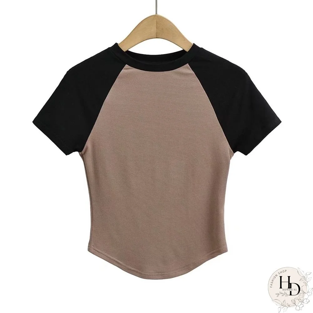 Curved Hem Contrast Color Sleeve Stitching Bottoming T Shirt Trendy Women's Short-sleeved T-shirt Tops For Women