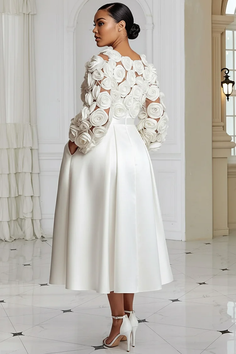 Xpluswear Design Plus Size Wedding White Round Neck 3/4 Sleeve 3D Elegant  Pocket Satin Midi Dresses - Xpluswear.com