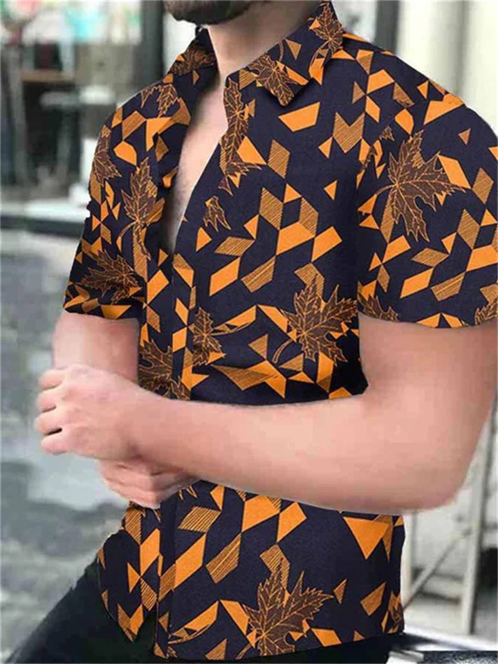 Summer Men's Polyester Casual Printing Short-sleeved Shirt Collar Cardigan Shirt-JRSEE
