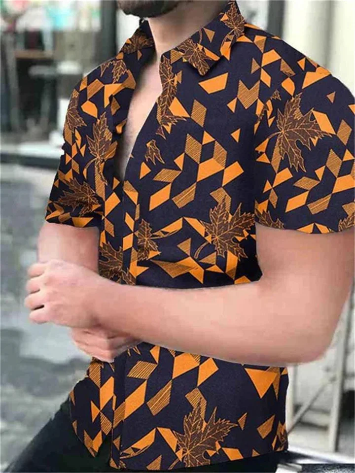 Summer Men's Polyester Casual Printing Short-sleeved Shirt Collar Cardigan Shirt-JRSEE