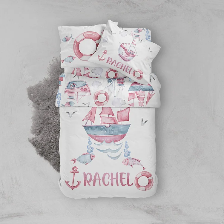 BlanketCute-Personalized Lovely Bedroom Sailboat Bedding Set with Your Kid's Name