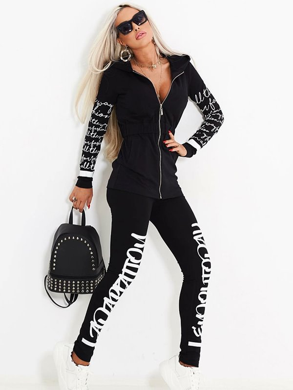 Stylish Hooded Letter Zipper Jacket&Leggings Sports Suits
