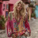 Women's Floral Embroidery Art Colorblock Linen Blend V-neck Boho Shirt - Image 2