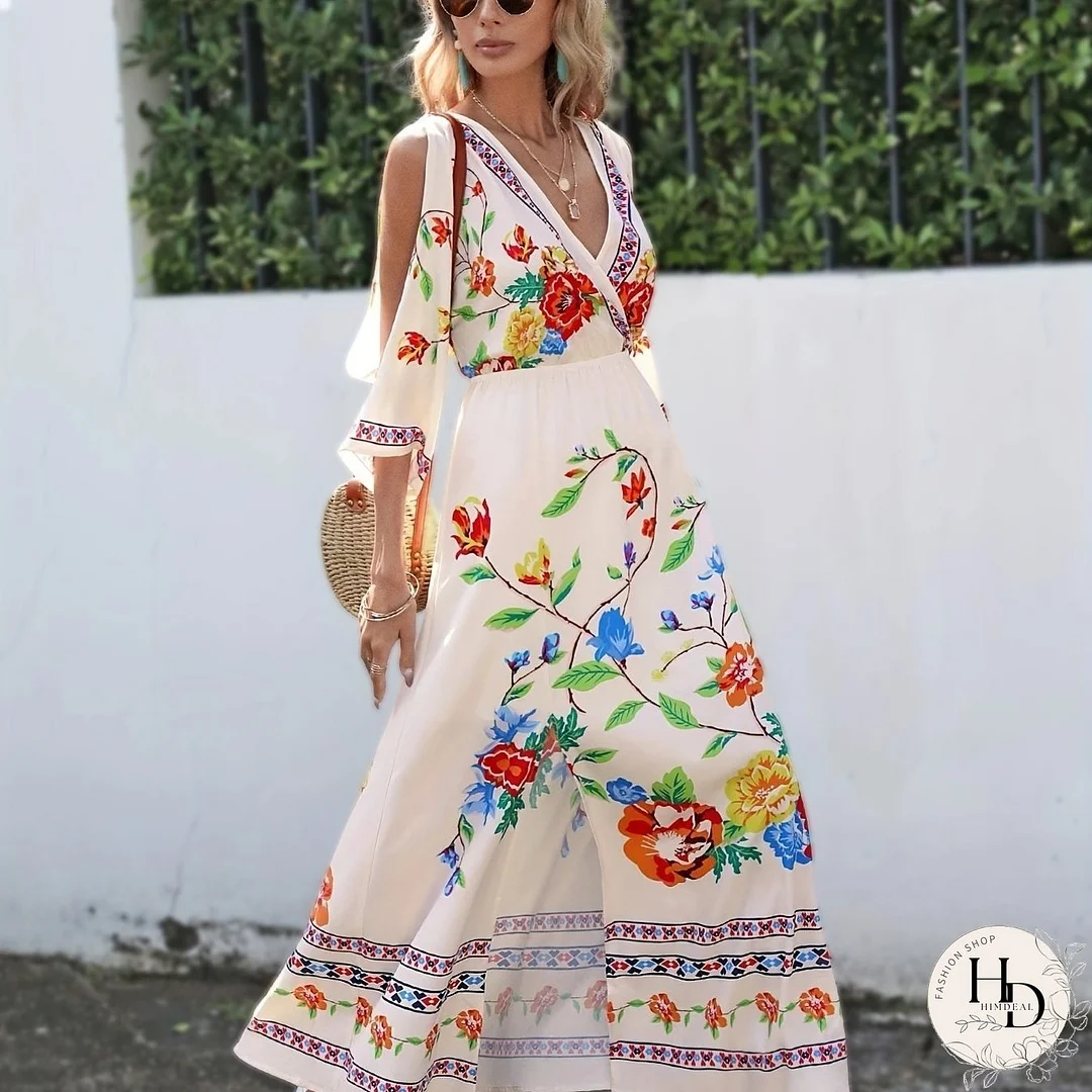 Floral Print Cold Shoulder Dress, Elegant Split V Neck Dress For Spring & Summer, Women's Clothing