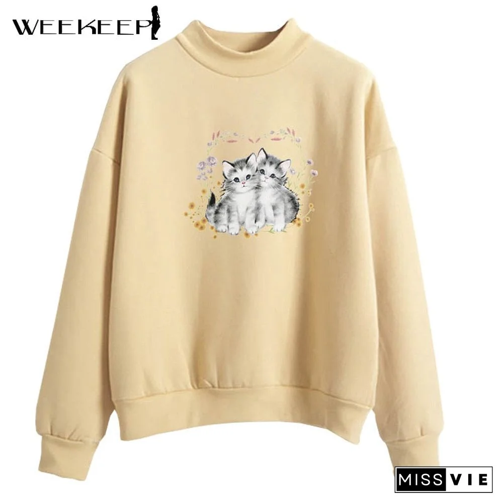 Weekeep Casual Oversized Sweatshirts Women Cute Cat Print Pullover Autumn Long Sleeve Loose Harajuku Streetwear Korean Aesthetic