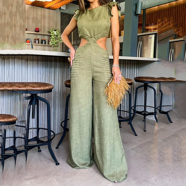 Summer round neck ruffled loose jumpsuit