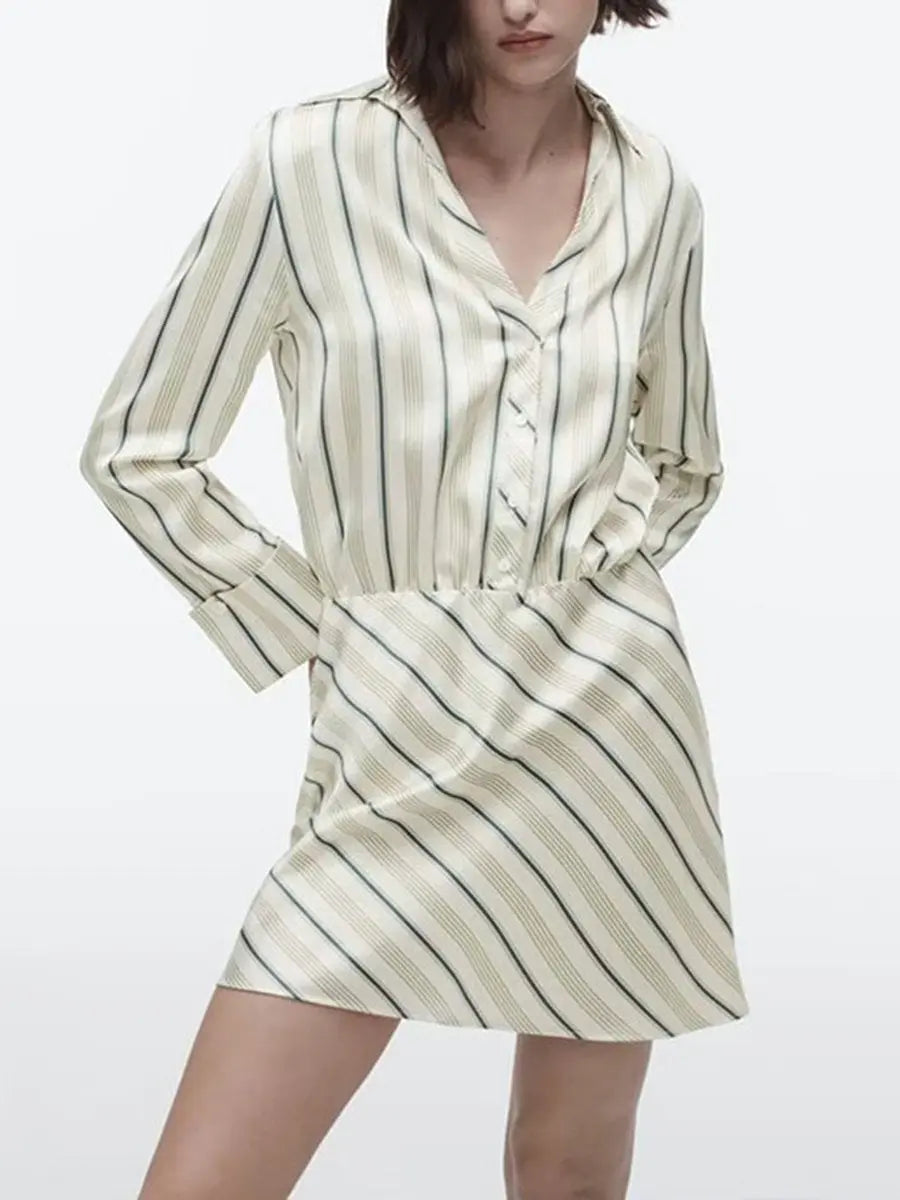 Turndown Collar Long Sleeve Striped Short  Dress