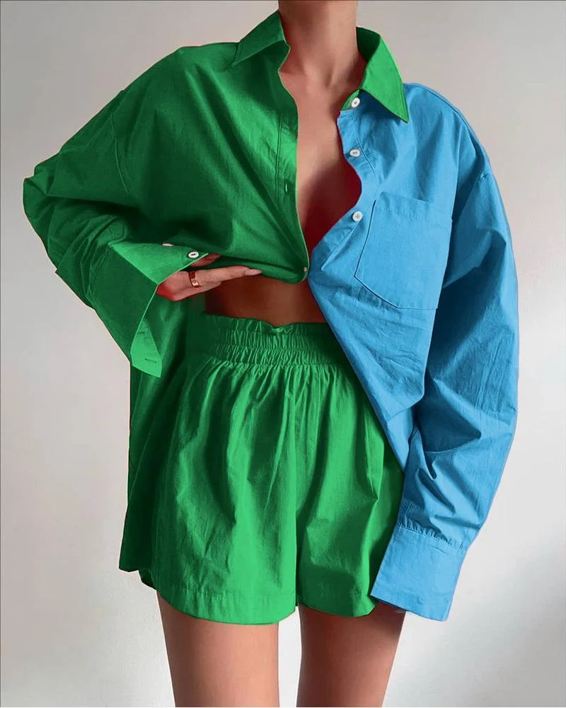 Casual Two Piece Colorblock Shirt & Shorts