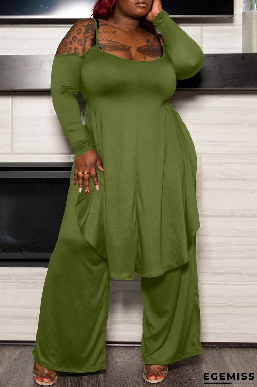 Army Green Fashion Casual Solid Backless Asymmetrical Off the Shoulder Plus Size Two Pieces | EGEMISS