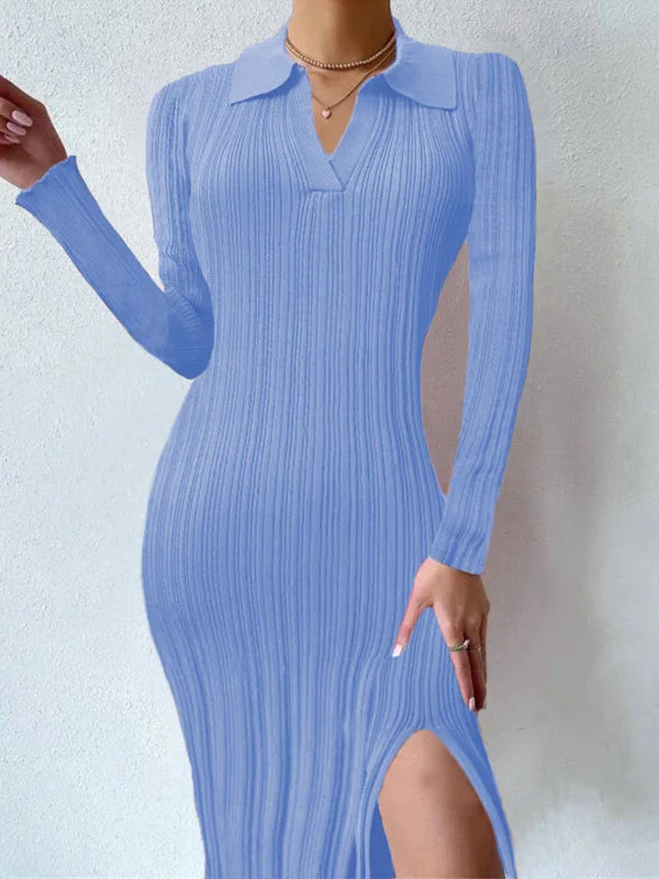 Women Long Sleeve V-neck Solid Color Midi Dress Knit Sweater
