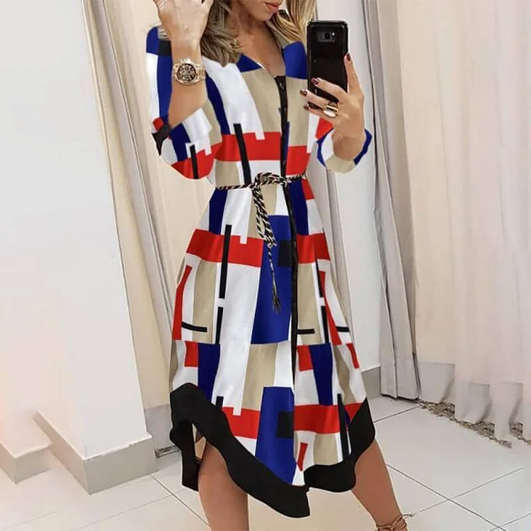 Elegant Print Printing Turndown Collar A Line Dresses