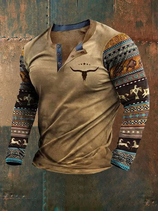 Men's Retro Western Ethnic Style Casual Long Sleeve T-shirt