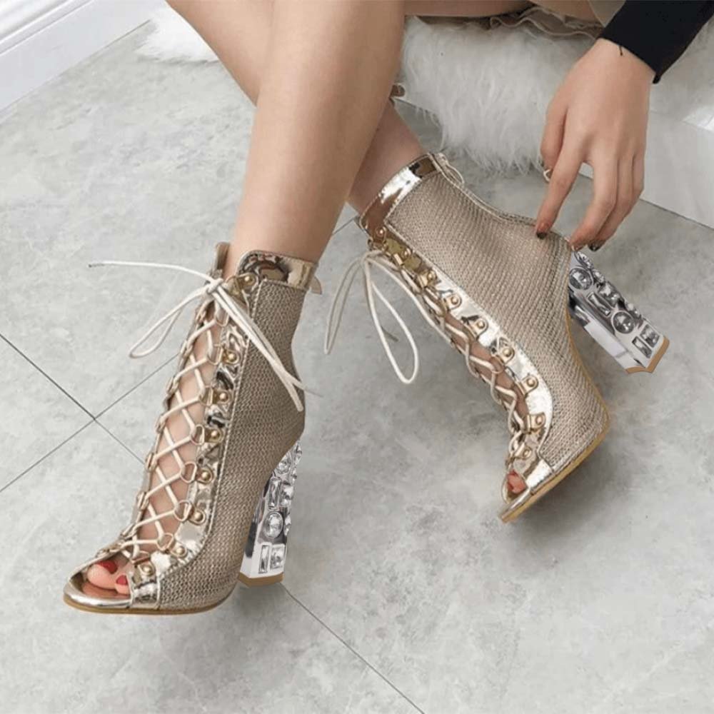 Gold Open Toe Lace Up Hallow Sandals With Decorative Heels Nicepairs