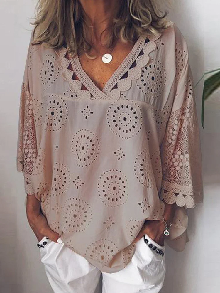 Daily Hollow Out Lace V Neck 3/4 Sleeve Solid Blouse