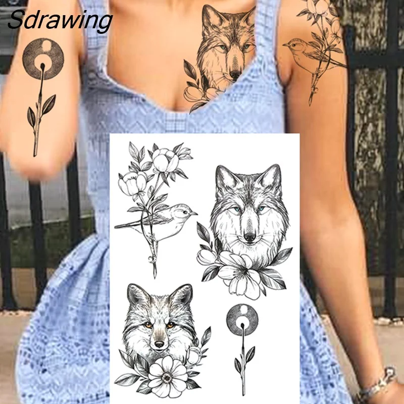 Sdrawing Lion Dahlia Temporary Tattoos For Women Adult Realistic Tiger Wolf Reindeer Snake Bird Fake Tattoo Sticker Washable Tatoos