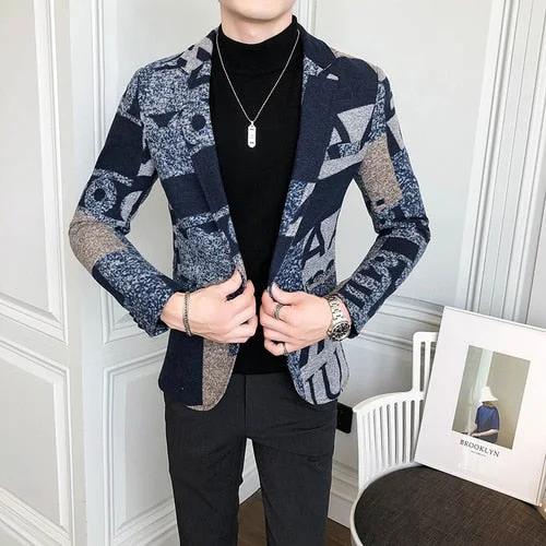 Inongge Letter Print Wool Woolen Blazer Men Winter Men Blazer Casual Suit Jacket Slim Party Club Wedding Social Blazer Homme S-5XL