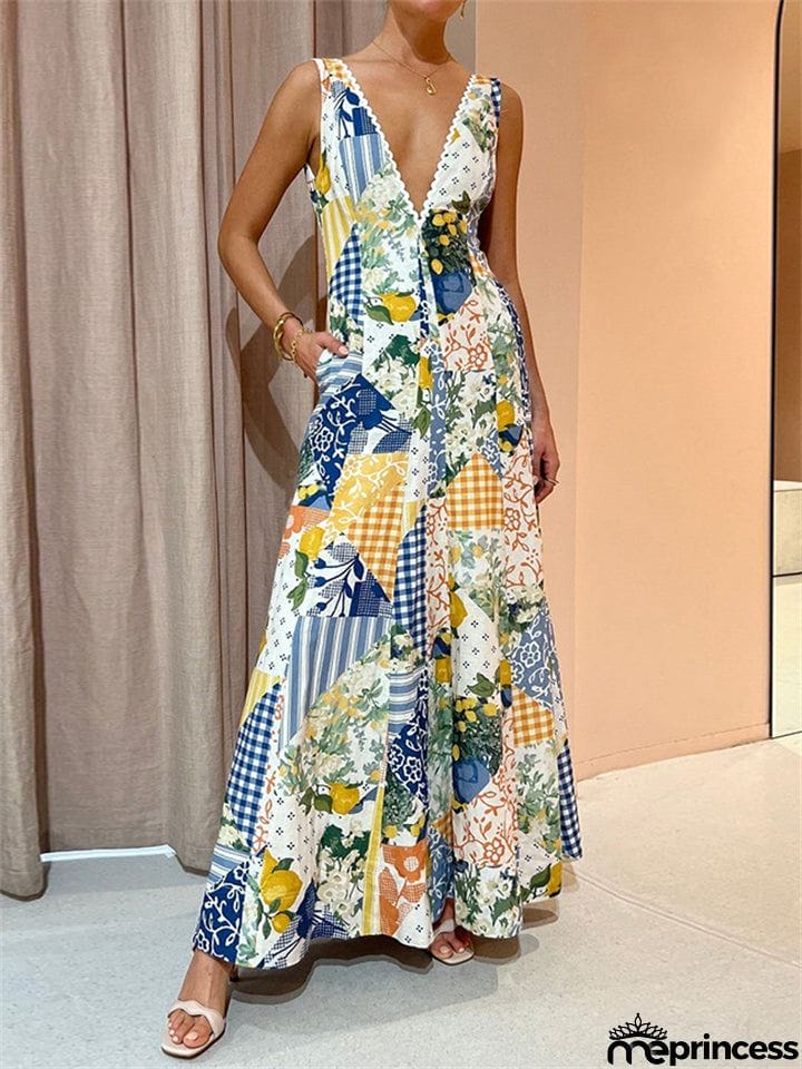 Women's Sunny Sexy Deep V Neck Backless Special Print Long Dress