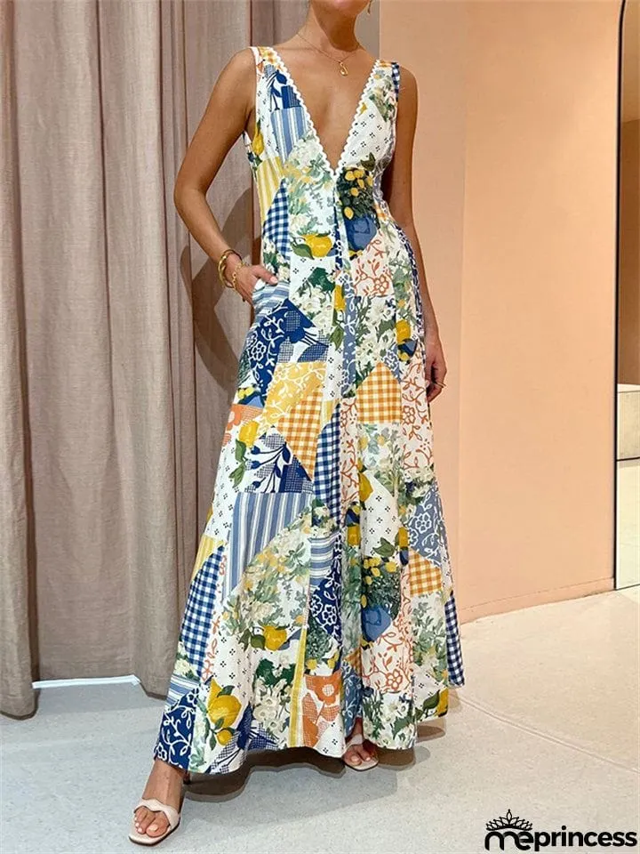 Women's Sunny Sexy Deep V Neck Backless Special Print Long Dress