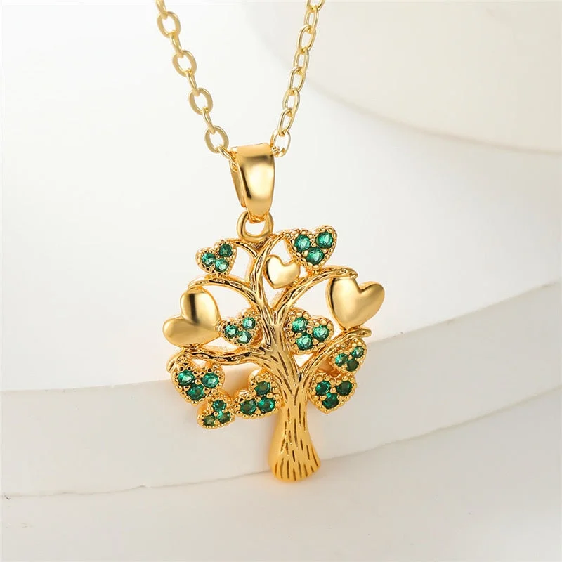 Luxury Female Hear Tree Pendant Necklace Yellow Gold Color Chain Necklaces Charm Green Zircon Wedding Necklaces For Women