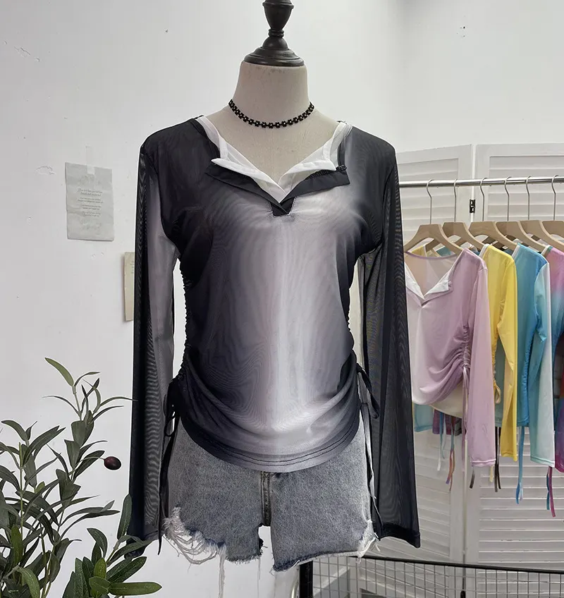 Churchf Fake Two Sunscreen Long-Sleeved T-Shirt Women Autumn Design Dizzling Drawstring Folding Short Top 9938