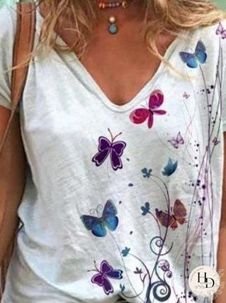 Butterfly Print Short-sleeved V-neck T-shirt