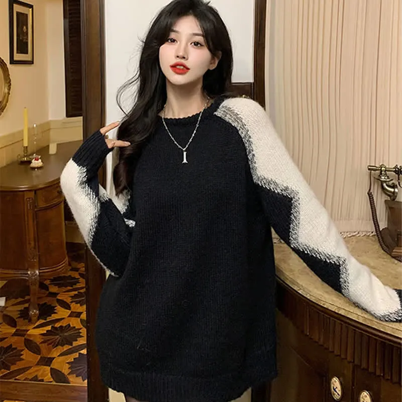 Chic Colorblock Round Collar Knit Loose Sweater