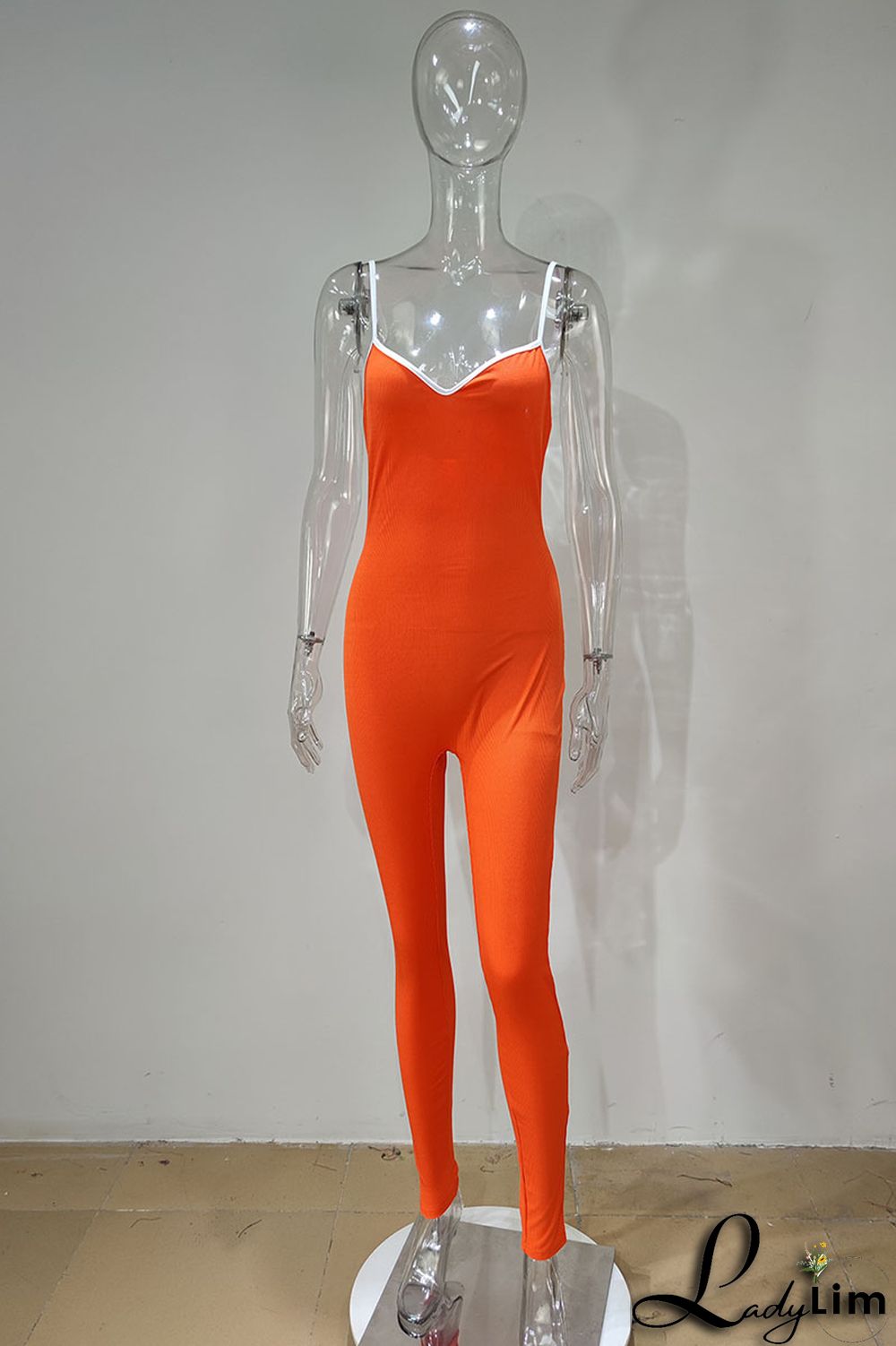 Pink Casual Sportswear Solid Patchwork Spaghetti Strap Skinny Jumpsuits